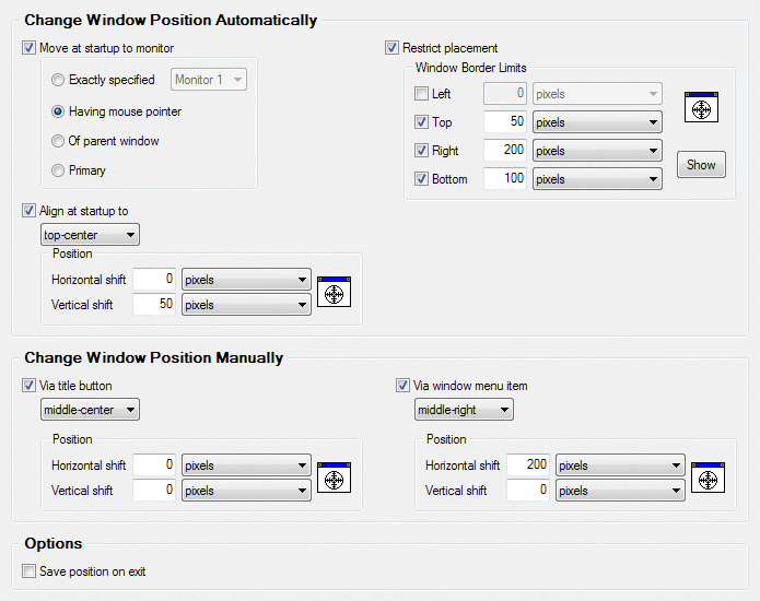 Position options available in particular specific settings