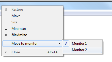 Moving a window between monitors in a multi-monitor environment via additional submenu in window's system menu